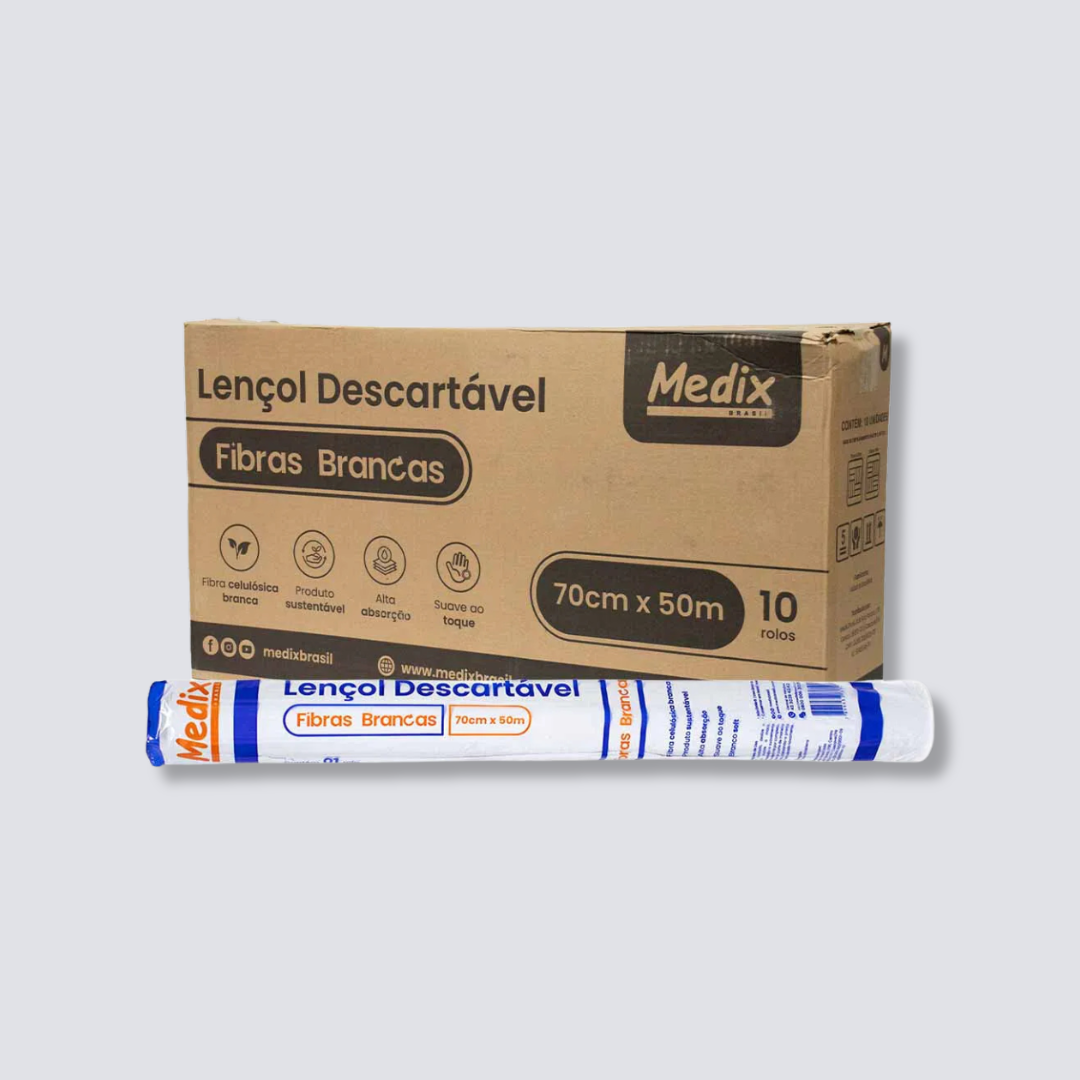 Lençol Papel Descartável Branco Rolo 70cm x 50m caixa com 10 rolos Medix